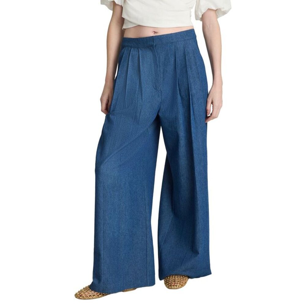 Kenneth Cole Womens  High-Rise Fly Front Triple Pleat Wide Leg Chambray Pant